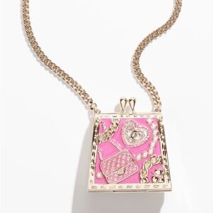 CHANEL Pink and Gold Charm Necklace / Micro Bag Pendant